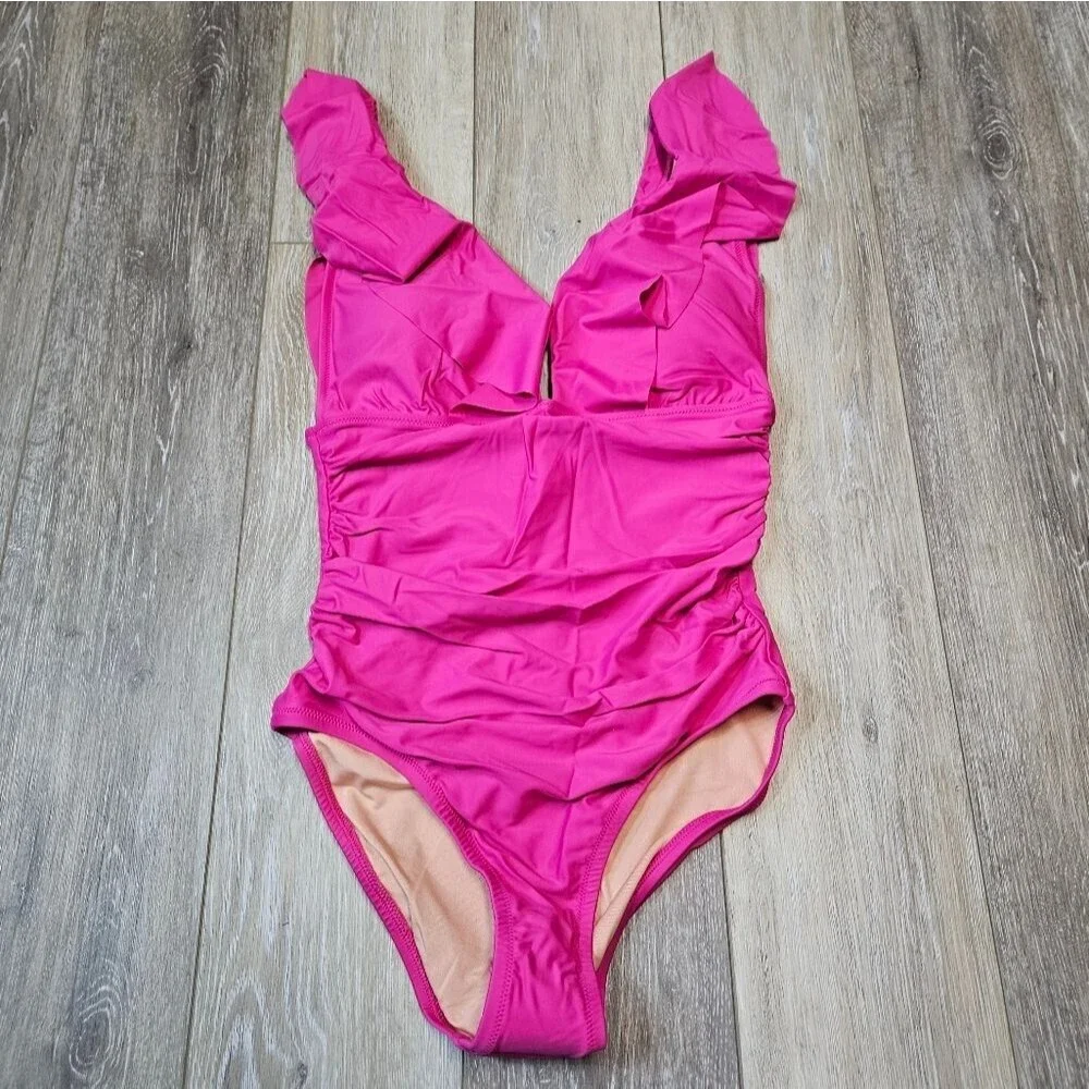 J. Crew Ruched V Neck Ruffle One Piece Swimsuit Women's 8 Fuchsia Hot Pink - Picture 3 of 8